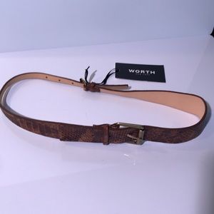 Worth New York Leather Embossed Python Double Buckle Belt Brown Size P NWT